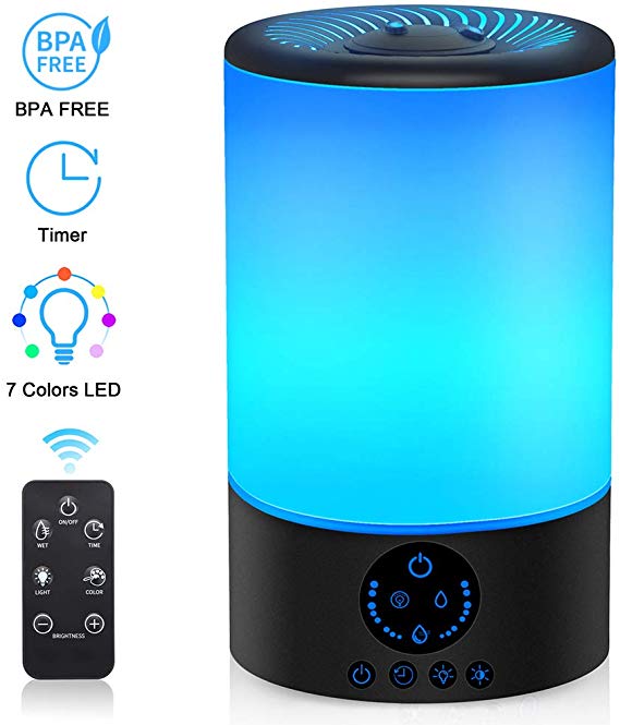Cool Mist Humidifier, 3L Top Fill Ultrasonic Humidifier for Bedroom with 7 Colors Night Light and Remote Control, Adjustable Mist Levels, Optional Timer, 6 Dimmer, Super Quiet Operation (Black)