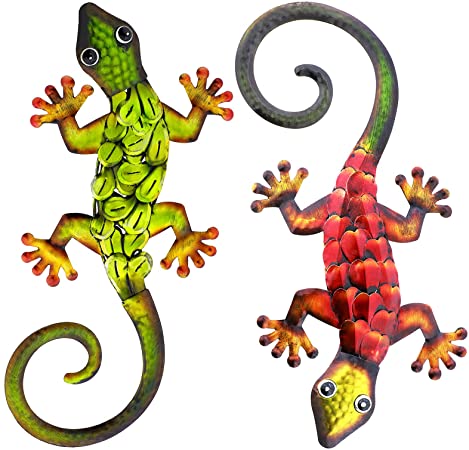 aboxoo 2PCS Metal Gecko Set Wall Decor Large Lizard Sculpture Crafts Inspirational Statue Hanging Art Decoration Ornaments for Outdoor Yard Fence Room Bedroom Kitchen Bathroom Garden Children'S Toy Life Gift (Red, Green)