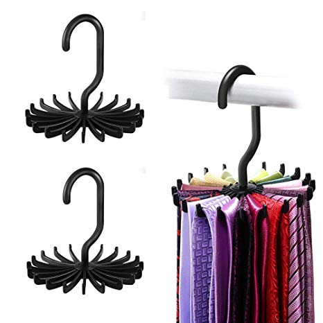 Tie Rack Hanger Organizer - 360 Degree Adjustable Twirl Tie Rack Blet Hanger Scarf Holder Hook for Closet Storage Organizer - 3 Pack, 20 Hooks (Black)