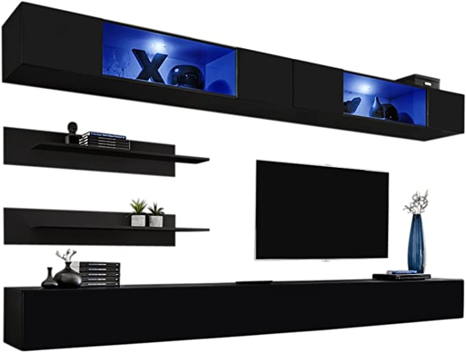 MEBLE FURNITURE & RUGS Wall Mounted Floating Modern Entertainment Center Fly I (Black, I3)
