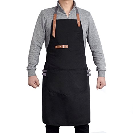 Pinji Canvas Aprons for Men and Women Adjustable Bib Aprons Unisex for Chef Kitchen Cooking Work with 3 Pockets