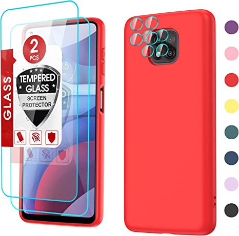 LeYi Compatible Moto G Power Case 2021, G Power Case with [2 Pack] Tempered Glass Screen Protector & Camera Lens Protector, Soft Liquid Silicone Microfiber Liner Phone Cases for Moto G Power, Red