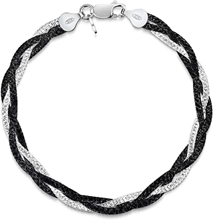 Amberta Women's 925 Sterling Silver Braided Herringbone Chain Bracelet (Length 7.5 inch)