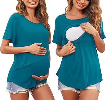 Ekouaer Women Short Sleeve Nursing Shirts Soft Maternity Tops Double Layer Breastfeeding Blouse Round Neck Pregnancy Clothes