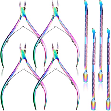 8 Pieces Cuticle Trimmer with Cuticle Pusher Stainless Steel Cuticle Remover Cuticle Nipper Cuticle Scissors Remover Manicure Pedicure Tools for Fingernails and Toenails (Rainbow Color)