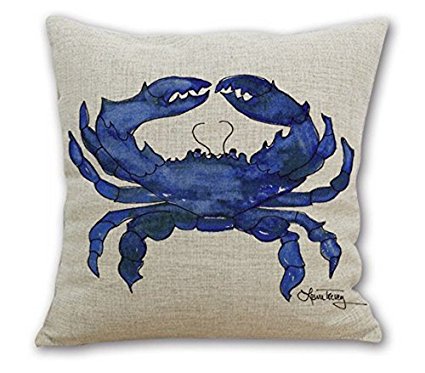 Wonder4 Cotton Linen Square Throw Pillow Case Cushion Cover for Living Room Watercolor Blue Crab 18'Inches