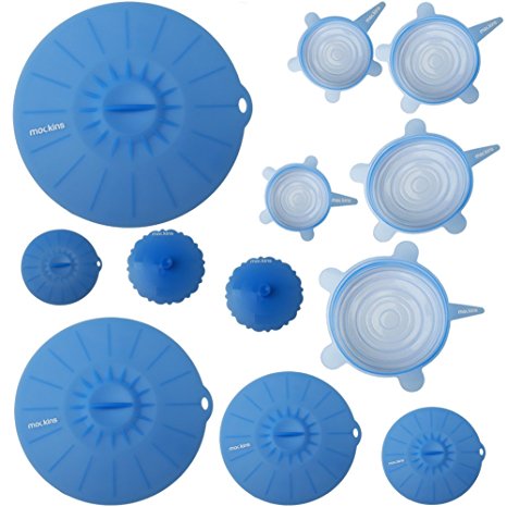 Mockins 12 Pack Silicone Covers | 5 Silicone Stretch Lids & 7 Suction Lids | The Reuseable Silicone Huggers are Expandable To Fit Various Unique Shapes & Sizes To Keep Your Food Fresh & Tasty - Blue