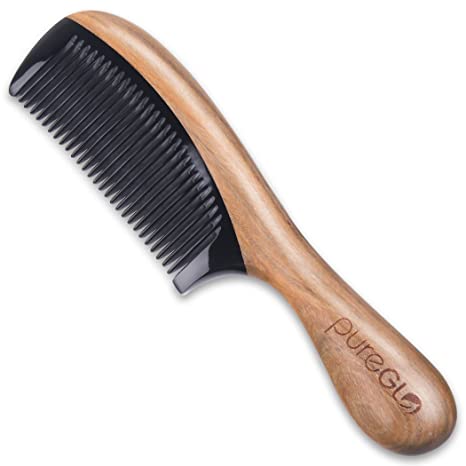 pureGLO No Static Detangling Wooden Combs - Natural Aroma Green Sandalwood Buffalo Horn Detangler Comb, Gift for Men Women and Kids (Fine Tooth Comb)
