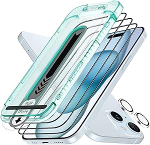 ESR Protector Pantalla para iPhone 15, Armorite Cristal Templado Ultrarresistente, Marco para una fácil instalación, 3 Piezas con 1 Juego de protección Individual para cámara