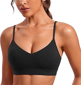 CRZ YOGA Butterluxe V-Neck Sports Bras for Women - Adjustable Thin Straps Padded Yoga Bra Basic Wireless Bra Camisole