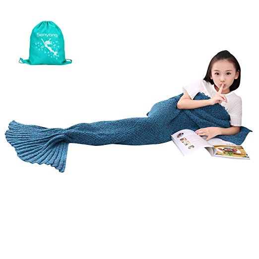 SENYANG Mermaid Tail Blanket Handmade Crochet Sofa Blankets All Seasons Sleeping Bags Best Christmas Gift For Kids and Adult (Kids Thick Lake Blue)