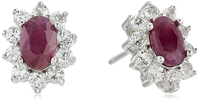 Sterling Silver Natural Ruby and White Topaz Halo Stud Earrings