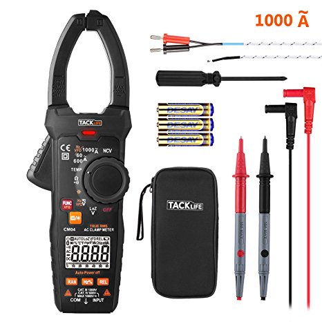 Digital Clamp Meter, 6000 Counts Tacklife CM04 Clamp Multimeter, AC Amp Meter 1000A, AC/DC Voltage Tester, Temperature Sensor, NCV VFD, Frequency, Duty Cycle, Resistance, Capacitance, Wire ON/OFF Test