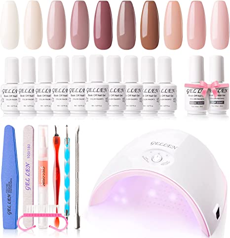Gellen Gel Nail Polish Starter Kit With UV/LED Light,10 Colors 24W Nail Dryer&Base Top Coat, All-In-One Manicure Gift Set, Salon/Home DIY Nail Art Tools, Winter Spring Gentle Nude Nail Polish Colors