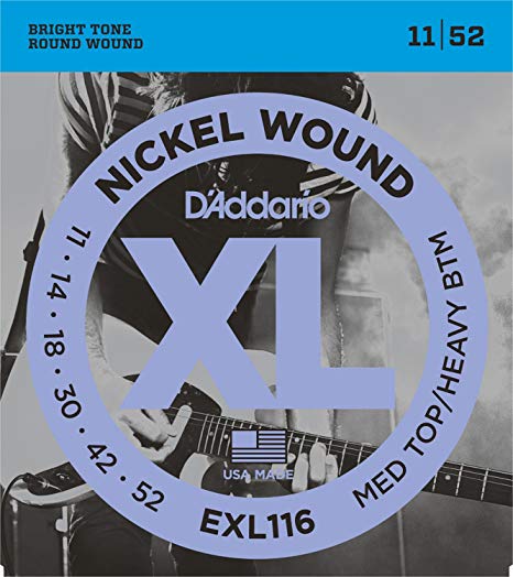 D’Addario XL Nickel Wound Electric Guitar Strings, Medium Top/Heavy Bottom Gauge – Round Wound with Nickel-Plated Steel for Long Lasting Distinctive Bright Tone and Excellent Intonation – 11-52, 1 Set