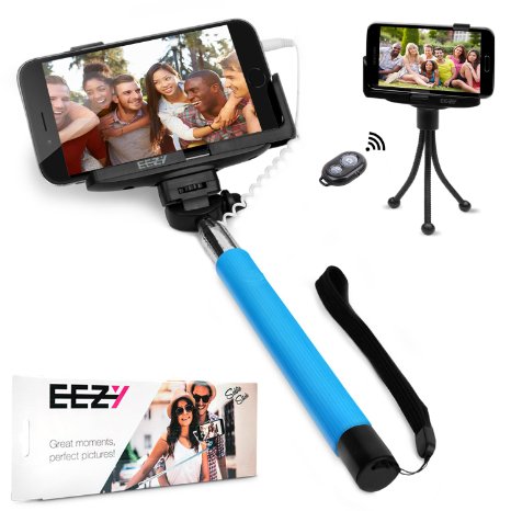 EEZ-Y Wired Selfie Stick Bundle w/ Flexible Tripod   Bluetooth Remote   Two Adjustable Phone Holders - Awesome Photography Tools for iPhone Samsung Sony LG Nexus Devices - Best Value Bundle (Blue)