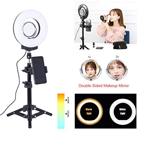 8inch Selfie LED Desktop Ring Light with Adjust Stick Stand&Cell Phone Holder Kit for YouTube Videos/Live Stream/Makeup Photography,24W 3200-5500K Dimmable Camera Light Lamps for Phone Video Shooting