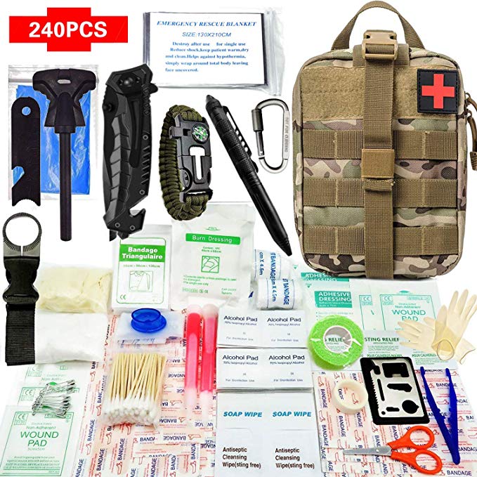 240piece Outdoors Survival First Aid Kit IFAK Molle System Compatible Outdoor Gear Emergency Person Kits Trauma Bag for Camping Boat Hunting Hiking Home Car Earthquake Adventures and Office