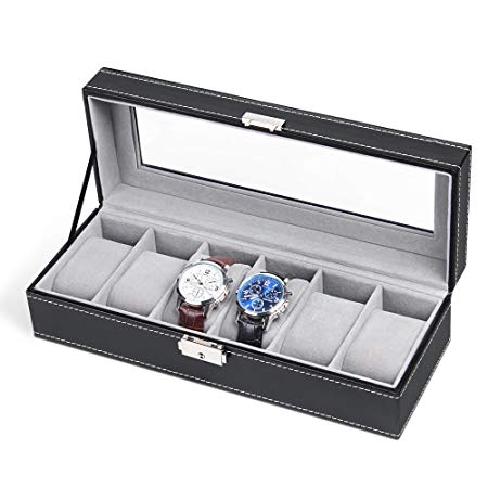 Better Chance Watch Box Organizer 6-Slot Jewelry Holder Display Case, Watch Cases for Men Pu Leather with Glass Lid Key Lock Black