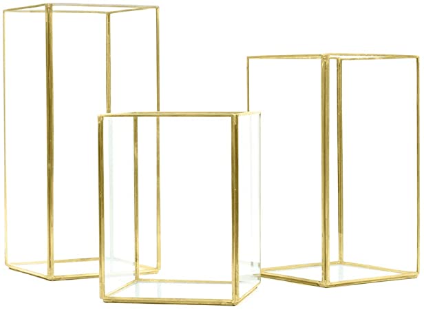 Koyal Wholesale Geometric Hurricane Candle Holder Set of 3 for Wedding Centerpiece, Table Decorations, Home Decor, Patio Decor (Gold)