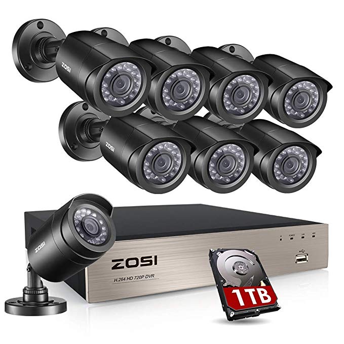 ZOSI 8CH Security Camera System HD-TVI 4-in-1 1080N Video DVR Recorder with 8X HD 1280TVL 720P Weatherproof CCTV Cameras, Motion Alert, Smartphone, PC Easy Remote Access with 1TB Hard Drive