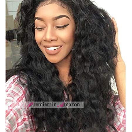 Premier Silk Top Loose Curly Wave Lace Front Wigs Brazilian Remy Human Hair 140% Density Natural Wave Human Hair Wigs For Black Woman With Baby Hair 14 Inches #1B Off Black Wigs