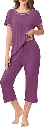 Ekouaer Womens Capri Pajama Sets Short Sleeve Sleepwear 2 Piece Crewneck Loungewear Soft PJs with Pockets