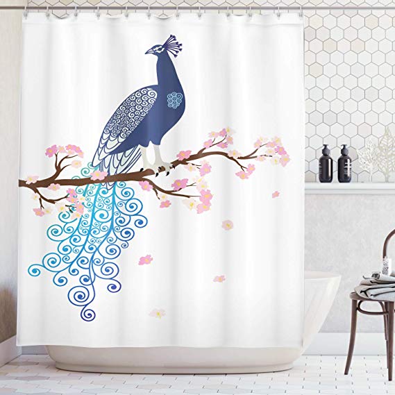 Ambesonne Peacock Decor Collection, Illustration of Abstract Peacock on Blossom Tree Branch Ornate Summertime Image, Polyester Fabric Bathroom Shower Curtain Set with Hooks, Navy Blue Pink