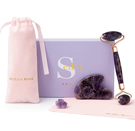 Jade Roller, Amethyst Roller & Gua Sha Set for Face 100% Natural Authentic Premium Face Roller for Facial Massage Lymphatic Drainage for Skin, Puffy Eyes & Neck Face Firming Slimming