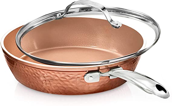 Gotham Steel Hammered Copper Collection – 10” Nonstick Fry Pan with Lid, Premium Cookware, Aluminum Composition with Induction Plate for Even Heating, Dishwasher & Oven Safe