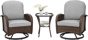 Outdoor Swivel Chairs 3 Piece Wicker Rocking Charis Set Patio Furniture Set with Rattan Side Table, Rocker Bistro Sets for Outside Porch Deck Garden Backyard, Brown Gray