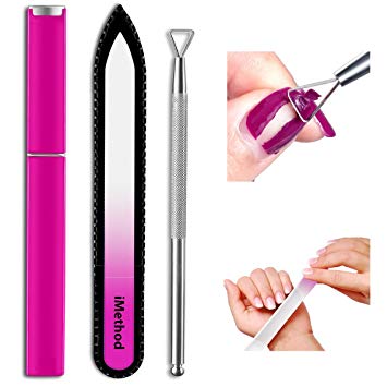 Glass Nail File with Cuticle Pusher - iMethod Genuine Czech Crystal Nail File with Case, Stainless Steel Professional Triangle Cuticle Pusher for Removing Gel Polish Easily, Lovely Pink