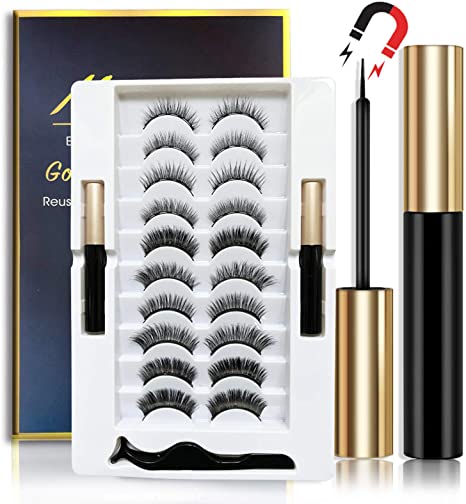 Magnetic Eyelashes with Magnetic Eyeliner Kit, 10 Pairs of 3D Magnetic Lashes Pack With Tweezers and Scissors Inside and Natural Look - No Glue Needed, 5D Reusable Short and Long Eyelashes Set