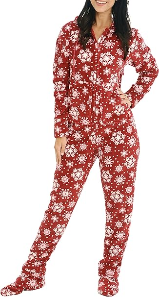 Alexander Del Rossa Women's Warm Fleece One Piece Hooded Footed Zipper Pajamas Soft Adult Onesie Footie with Hood for Winter