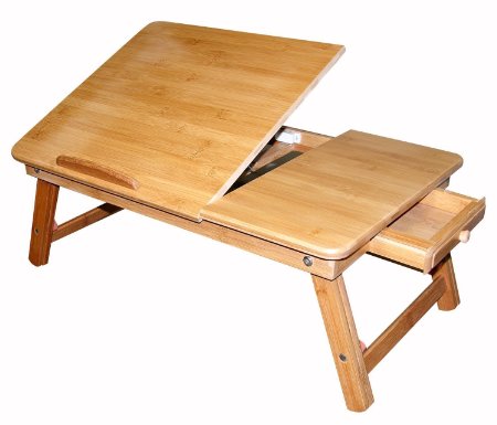 Bamboo Multi-Position Adjustable Laptop Computer Desk & Serving Bed Tray With Drawer (30"x16")