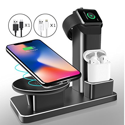 iPhone X Wireless Charger Stand, iPhone 8 Charging Dock Apple Watch Charging Stands AirPods Charging Docks 3 in 1 Aluminum for Apple Watch Series 3/2/1, AirPods, iPhone X/8/8 Plus - Black