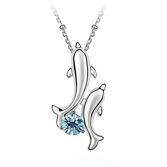 White Gold Plated Happy Play Dolphins with Round Cubic Zirconia Crystal Necklace Fashion Jewelry for Women