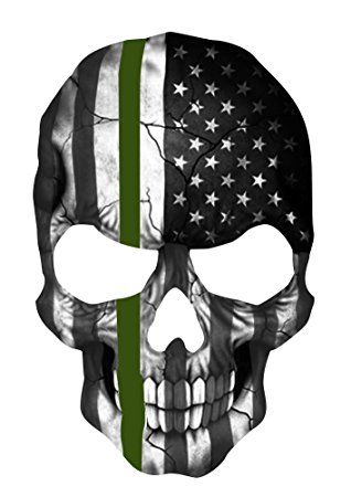 GreenLine Skull 5.5 x 4 Inch Thin Green Line Tattered Subdued Us Flag. Highly Reflective Vinyl Decal