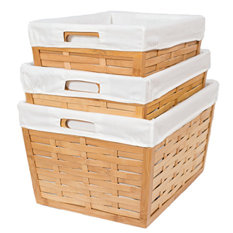 BirdRock 3 Piece Bamboo Nesting Baskets | Environmentally Friendly Storage | Cotton Canvas Liners