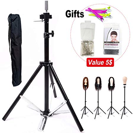 Wig Stand Tripod Mannequin Head Stand Tripod Adjustable Black Manikin Stand With Foot Pedal Duty Heavy Stable Canvas Block Head Holder For Wigs, Salons,Hairdressing,Cosmetologist (Wig Head Stands)