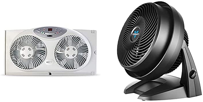 Bionaire Window Fan with Twin 8.5-Inch Reversible Airflow Blades and Remote Control, White & Vornado 630 Mid-Size Whole Room Air Circulator Fan