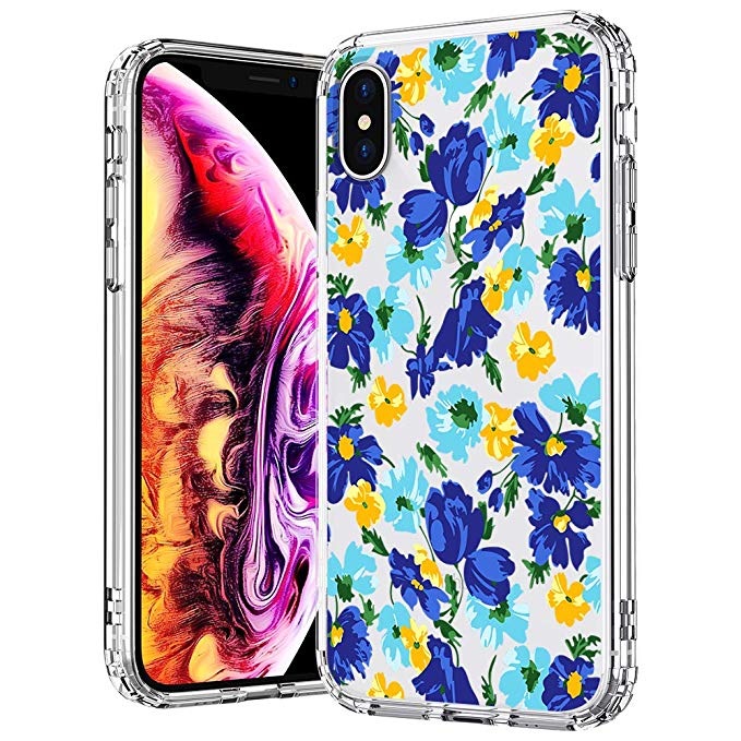 MOSNOVO Case for iPhone Xs/iPhone X, Bluish Floral Flower Pattern Clear Design Printed Plastic Hard with TPU Bumper Protective Case Cover for Apple iPhone X/iPhone Xs