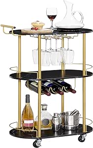 HOOBRO Bar Cart Gold, 3-Tier Home Bar Serving Cart with Lockable Wheels, Rolling Kitchen Cart with Wine Rack and Glass Holders, Mini Bar with Arc Fence for Party Marble Black and Gold DB60TC01