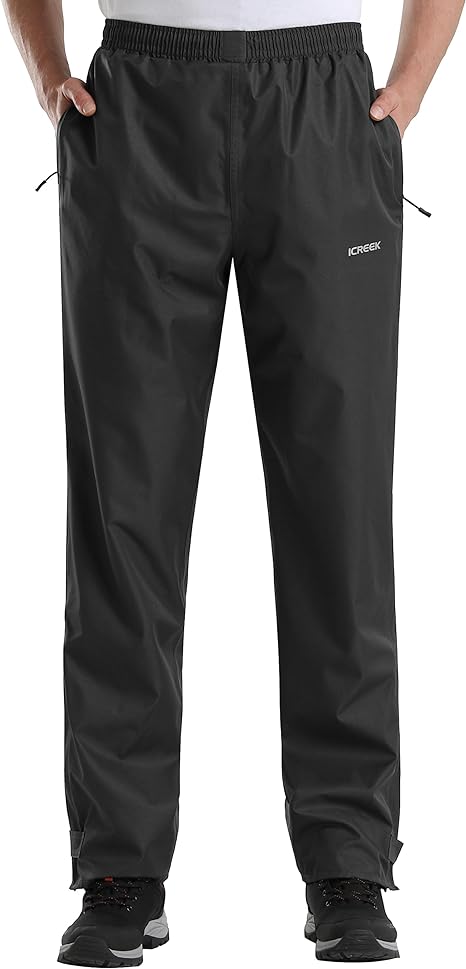 iCreek Men's Rain Pants Waterproof Over Pants Windproof Lightweight Hiking Pants Work Rain Outdoor for Golf, Fishing
