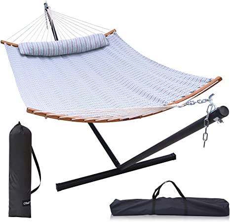 Double Hammock with Stand Included: Ohuhu 55x75 Inch 2 Person Hammock 12.3 FT Steel Stand, Patio Portable Large Hammocks with Bamboo Curved Bar Pillow Carrying Bags for Indoor Outdoor, 450 LB Capacity