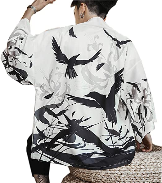 PRIJOUHE Men's Kimono Cardigan Jacket Japanese Style Flying Crane Seven Sleeves Open Front Coat