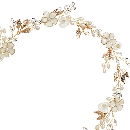 SWEETV Light Gold Bridal Headband Freshwater Pearl Hair Vine Band - Bohemian Women Hair Accessories