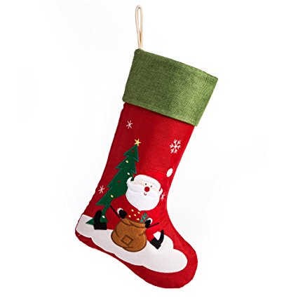 IPEGTOP 18" Burlap Christmas Stocking, Large Craft Red Socks Traditional Santa Stockings Snowflake Decorations Xmas Tree Rustic Ornaments Green Cuff