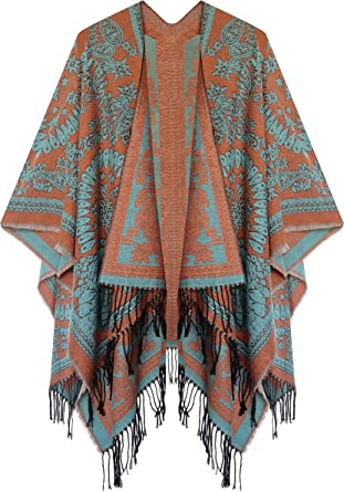 Urban CoCo Women's Printed Tassel Open front Poncho Cape Wrap Shawl