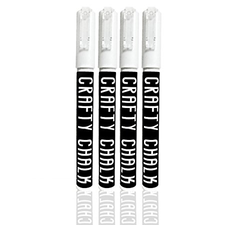 White Liquid Chalk Markers - 4 Pack 3mm Fine Tip Pen - Crafty Chalk - Arts & Crafts - Business, School or Home - Bistro Coffee Menu Board, Whiteboard, Glass, Mirror